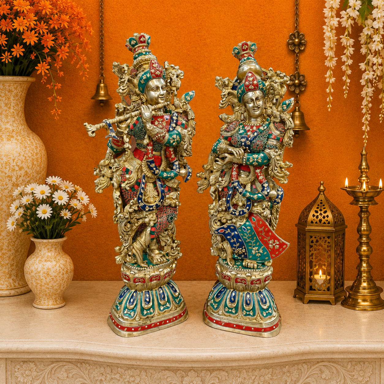 Brassaura® Brass Radha Krishna Idol Set | Handcrafted Gopi Gopal Murti for Home Temple, Living Room & Spiritual Décor | 29 Inches | 33 Kg