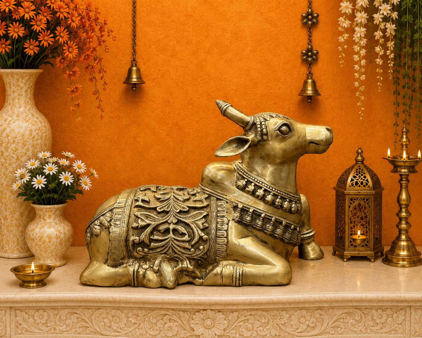 Brassaura® Brass Nandi Bull Idol | Sacred Nandi Statue for Home Temple, Shiv Mandir, Spiritual Décor & Vastu | 14 Inches | 16.3 Kg