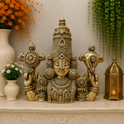 Brassaura® Lord Balaji Brass Bust Idol | Handcrafted Tirupati Venkateswara Statue for Home Temple, Spiritual Décor & Vastu | 19 Inches | 15 Kg