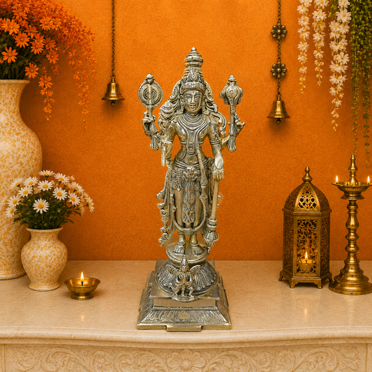 ब्रासोरा® वृंदावन वेणुगोपाल कृष्ण पीतल की प्रतिमा मोर के साथ | एंटीक नीला और सुनहरा रंग | ऊँचाई 20 इंच