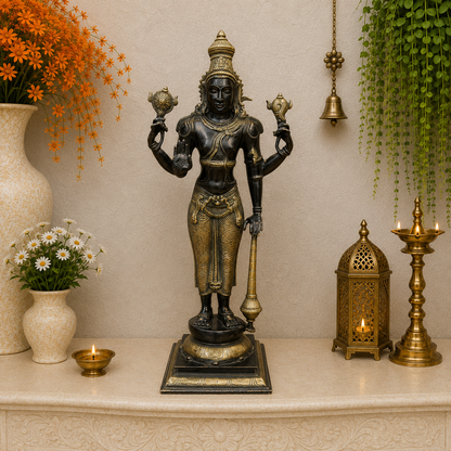 Brassaura® Standing Lord Vishnu Brass Idol | Handcrafted Vishnu Murti for Home Temple, Spiritual Décor & Vastu | 20 Inches | 7 Kg