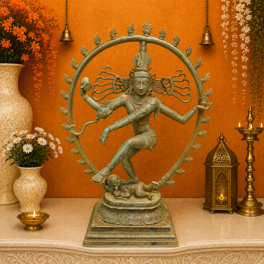 ब्रासोरा® वृंदावन वेणुगोपाल कृष्ण पीतल की प्रतिमा मोर के साथ | एंटीक नीला और सुनहरा रंग | ऊँचाई 20 इंच