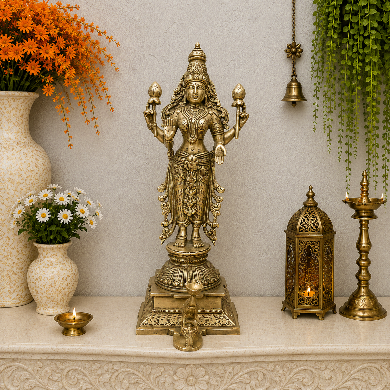 Brassaura® Brass Goddess Lakshmi Idol | Standing Lakshmi Devi Murti for Home Temple, Pooja Room, Spiritual Décor & Vastu | 14 Inches | 4.8 Kg
