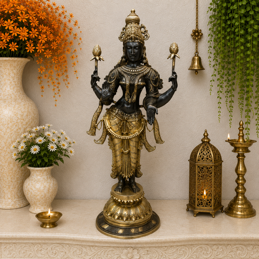 Brassaura® Brass Goddess Lakshmi Idol | Standing Maa Lakshmi Statue for Home Temple, Pooja Room, Vastu & Spiritual Décor | 38 Inches | 36 Kg