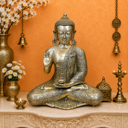 ब्रासोरा® वृंदावन वेणुगोपाल कृष्ण पीतल की प्रतिमा मोर के साथ | एंटीक नीला और सुनहरा रंग | ऊँचाई 20 इंच