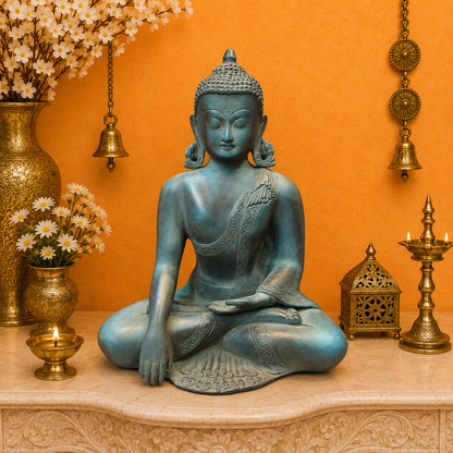 Brassaura® Brass Meditating Buddha Statue | Handcrafted Buddha Idol for Home Temple, Office, Meditation & Spiritual Décor | 12 Inches | 6.2 Kg