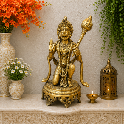 Brassaura® Brass Kneeling Hanuman Statue | Handcrafted Lord Hanuman Idol with Gada for Home Temple, Office & Spiritual Décor | 19 Inches | 15 Kg