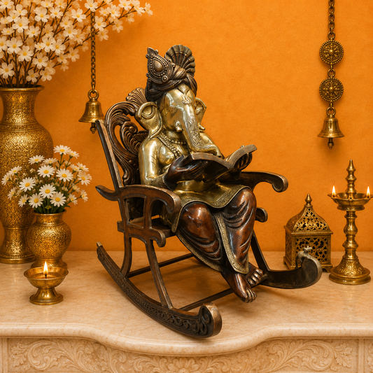 Brassaura® Brass Lord Ganesha Reading Book on Rocking Chair Statue | Handcrafted Ganesh Idol for Home Temple, Office & Study Room Décor | 23 Inches | 27 Kg