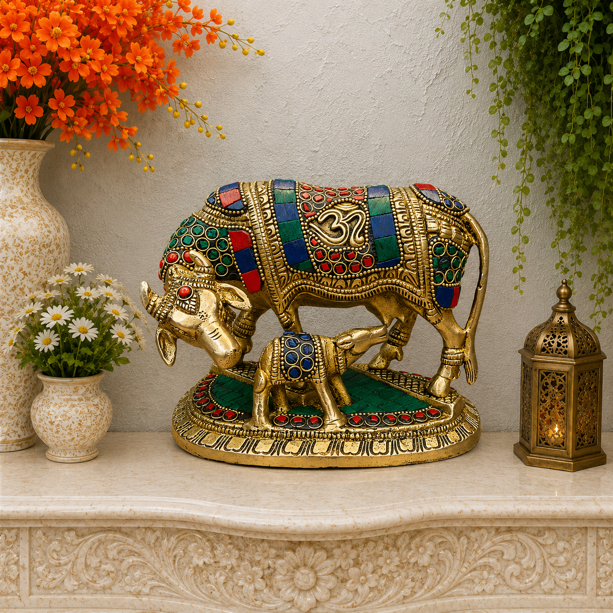 Brassaura® Brass Kamdhenu Cow with Calf Idol | Handcrafted Sacred Gau Mata Statue for Home Temple, Pooja Room & Vastu Décor | 6 Inches | 2.3 Kg
