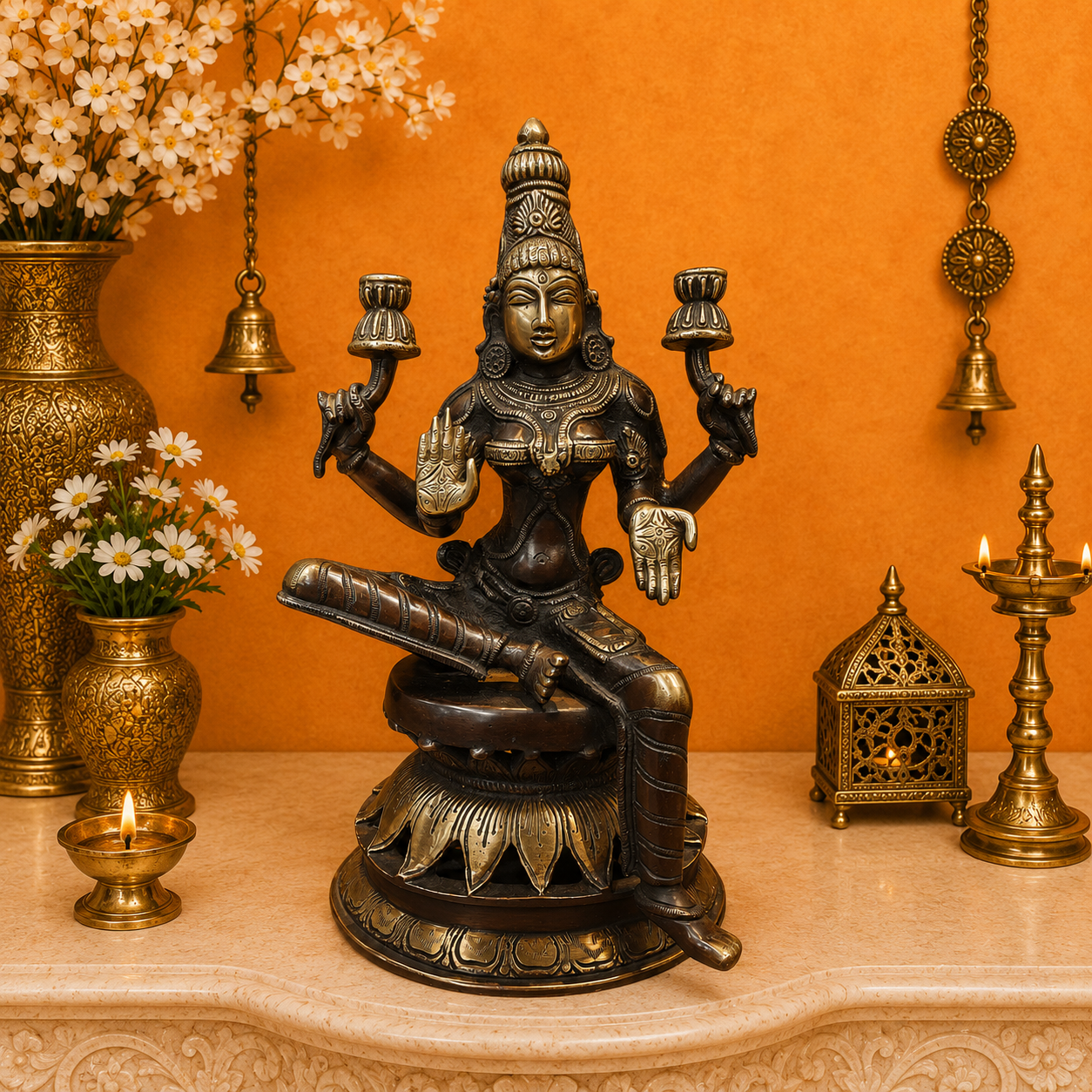 Brassaura® Brass Goddess Lakshmi Sitting on Lotus Oil Lamp Idol | Handmade Brass Lakshmi Deepam for Home Temple, Pooja Room & Spiritual Décor | 12 Inches | 4 Kg