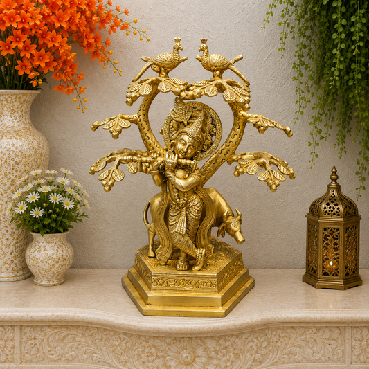 Brassaura® Brass Lord Krishna Playing Flute Under Tree with Cow Statue | Handmade Krishna Idol for Home Temple, Living Room & Spiritual Décor | 14 Inches | 6.5 Kg