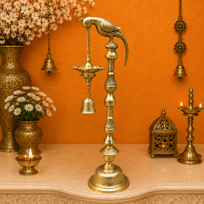 Brassaura® Brass Hanging Oil Lamp with Bird | Traditional Deepam Diya for Home Temple, Pooja Room & Spiritual Décor | 38 Inches | 16.5 Kg