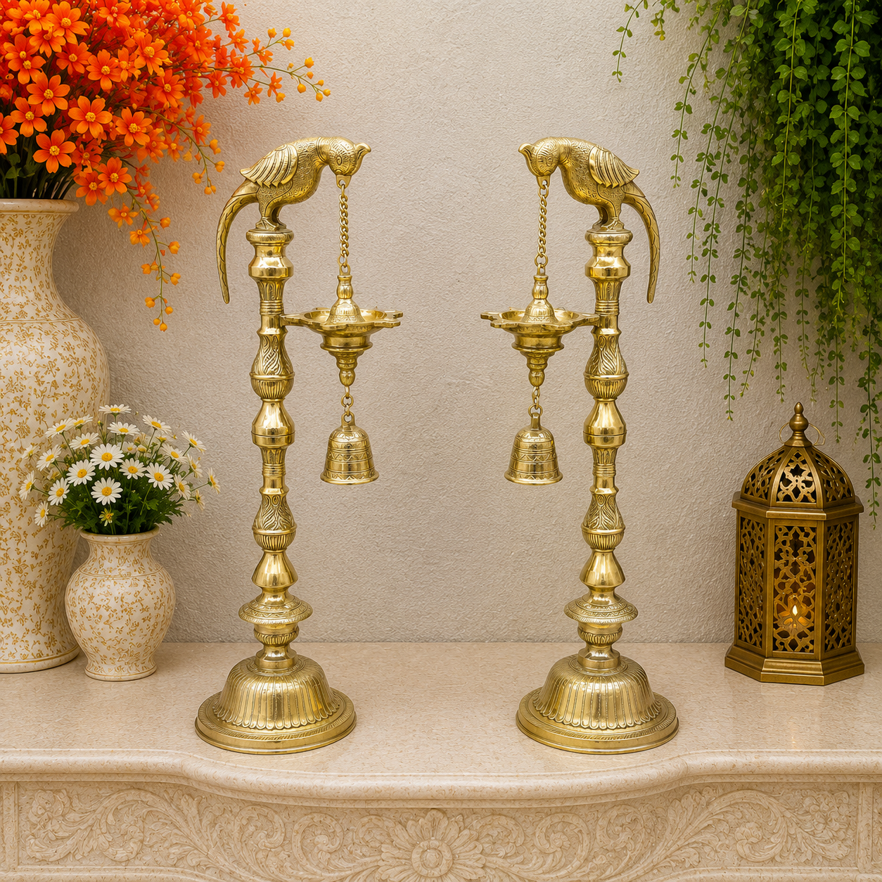 Brassaura® Brass Hanging Oil Lamp Set of 2 with Bird | Traditional Deepam Diya Pair for Home Temple, Pooja Room & Spiritual Décor | 38 Inches | 33 Kg