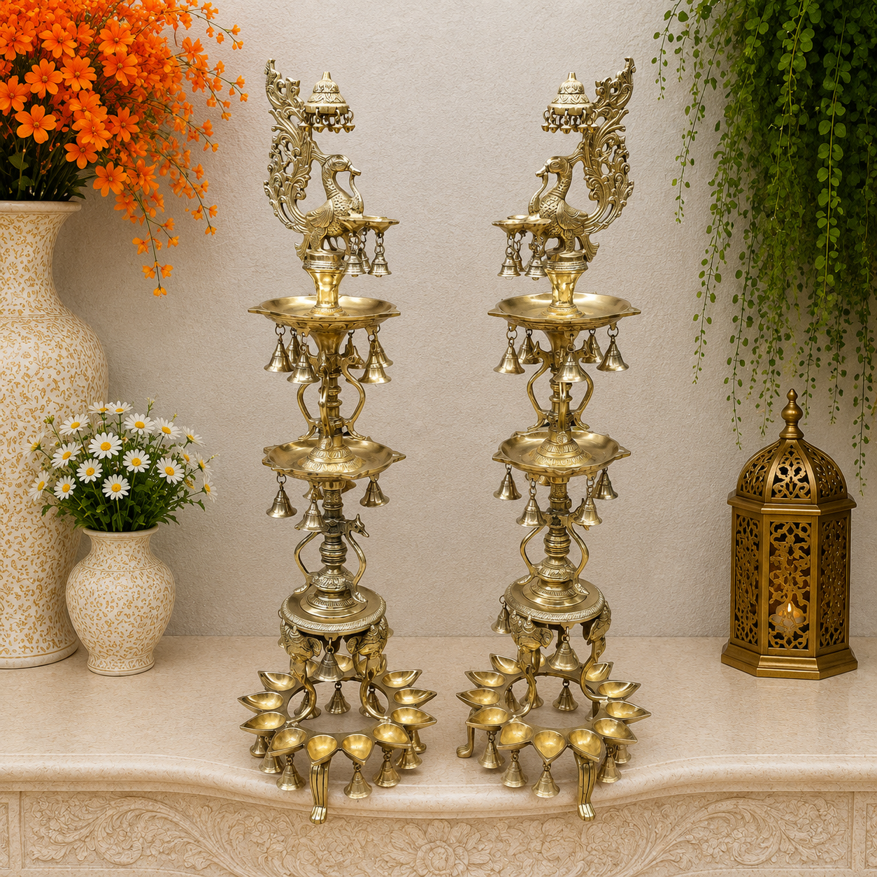 Brassaura® Traditional Brass Peacock Multi-Tier Oil Lamp Set of 2 | Decorative Deepam Diya Stand for Home Temple, Pooja & Spiritual Décor | 42 Inches | 30.5 Kg