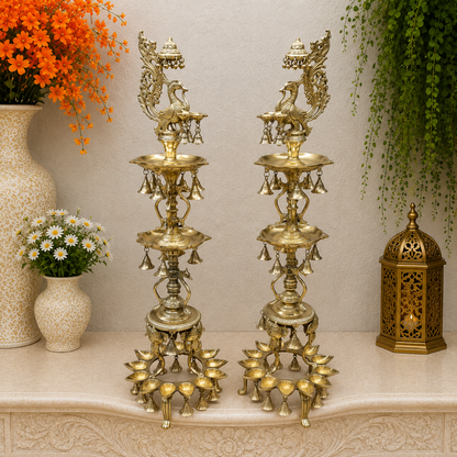 Brassaura® Traditional Brass Peacock Multi-Tier Oil Lamp Set of 2 | Decorative Deepam Diya Stand for Home Temple, Pooja & Spiritual Décor | 42 Inches | 30.5 Kg
