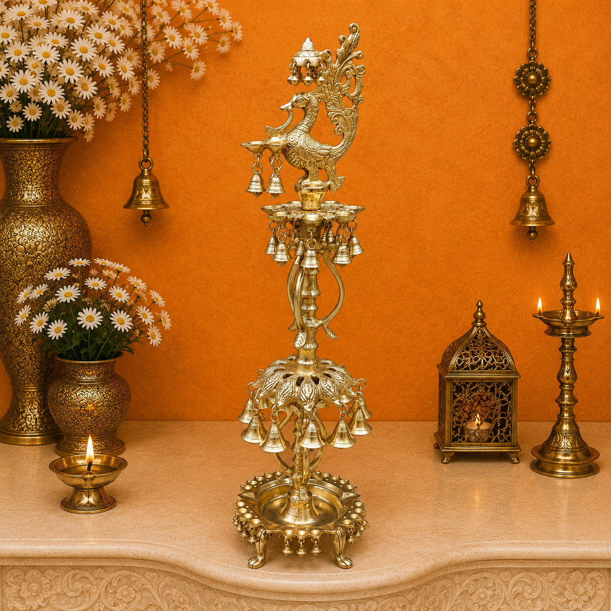 Brassaura® Traditional Brass Peacock Multi-Tier Oil Lamp | Decorative Deepam Diya Stand with Hanging Bells for Home Temple, Pooja & Spiritual Décor | 34 Inches | 10.5 Kg