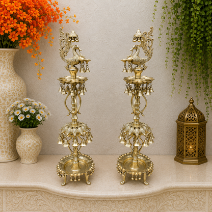 Brassaura® Brass Peacock Multi-Tier Oil Lamp Set of 2 | Traditional Decorative Deepam Diya Stand with Hanging Bells for Home Temple, Pooja & Spiritual Décor | 34 Inches | 21 Kg