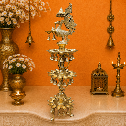 Brassaura® Traditional Brass Peacock Multi-Tier Oil Lamp | Decorative Deepam Diya Stand with Hanging Bells for Home Temple, Pooja & Spiritual Décor | 49 Inches | 26 Kg