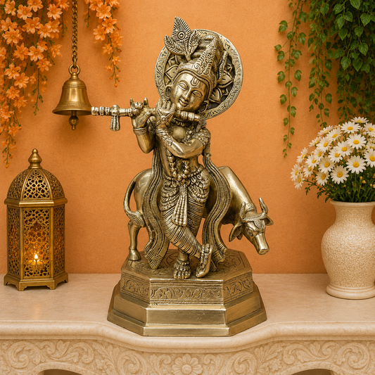 Brassaura® Lord Krishna with Cow Brass Idol | Pure Brass Muralidhara Krishna Statue | Handcrafted Flute Playing Krishna Murti for Home Temple, Pooja Room & Spiritual Décor | Height 10.5 Inches | 3 Kg