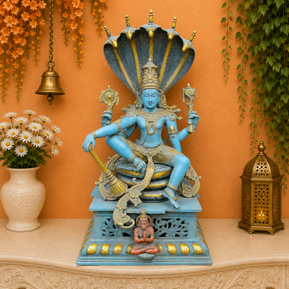 ब्रासोरा® वृंदावन वेणुगोपाल कृष्ण पीतल की प्रतिमा मोर के साथ | एंटीक नीला और सुनहरा रंग | ऊँचाई 20 इंच