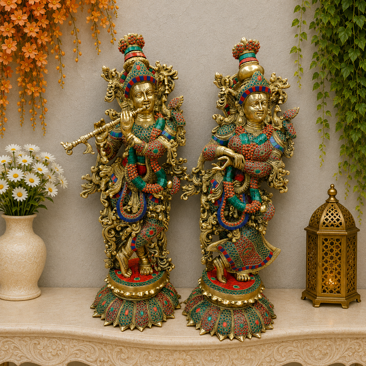 ब्रासोरा® वृंदावन वेणुगोपाल कृष्ण पीतल की प्रतिमा मोर के साथ | एंटीक नीला और सुनहरा रंग | ऊँचाई 20 इंच
