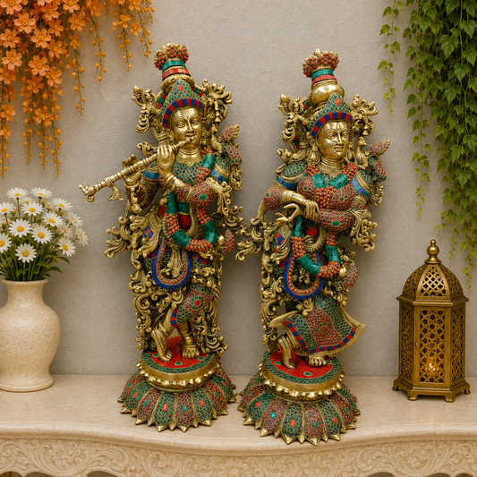 Brassaura® Radha Krishna Brass Idol Set | Handcrafted Pure Brass Radha Krishna Murti with Gemstone Detailing | Hindu God Statue for Home Temple, Pooja Room & Spiritual Décor | Height 27 Inches | Set of 2 | 38 Kg