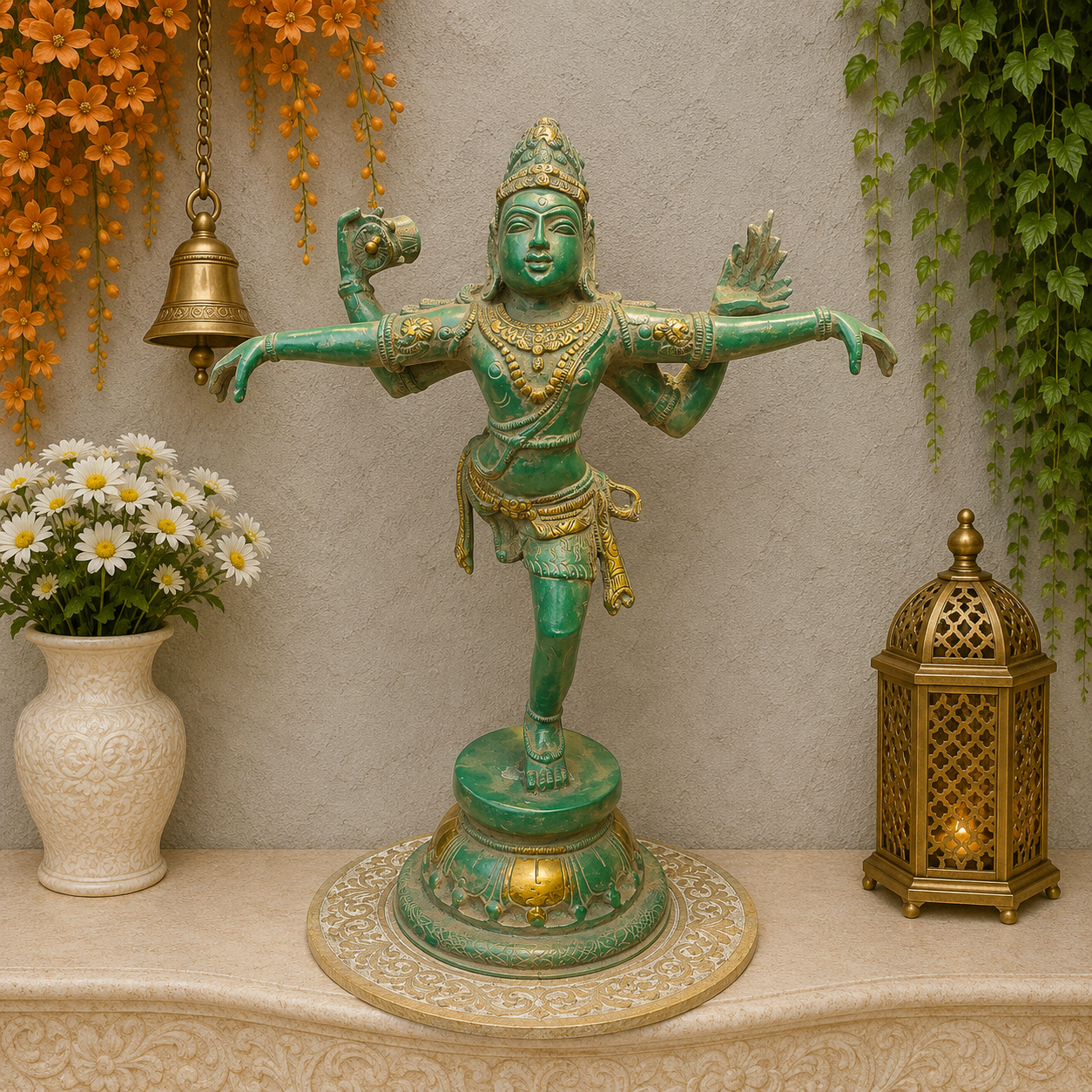 ब्रासोरा® वृंदावन वेणुगोपाल कृष्ण पीतल की प्रतिमा मोर के साथ | एंटीक नीला और सुनहरा रंग | ऊँचाई 20 इंच