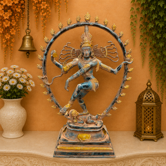 Brassaura® Dancing Lord Vishnu Brass Idol with Prabhamandala | Handcrafted Pure Brass Vishnu Murti | Antique Patina Finish | Hindu God Statue for Home Temple, Pooja Room & Spiritual Décor | Height 31 Inches | 24 Kg