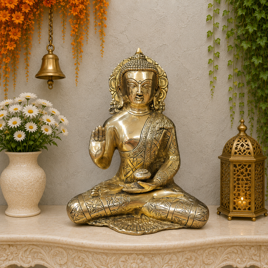 Brassaura® Blessing Buddha Brass Idol | Premium Solid Brass Buddha Statue | Handcrafted Antique Finish | Buddha Murti for Home Temple, Living Room, Meditation & Spiritual Décor | Height 12 Inches | 7 Kg