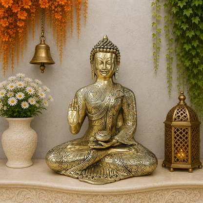ब्रासोरा® वृंदावन वेणुगोपाल कृष्ण पीतल की प्रतिमा मोर के साथ | एंटीक नीला और सुनहरा रंग | ऊँचाई 20 इंच
