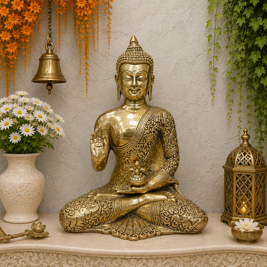 Brassaura® Blessing Buddha Brass Idol | Premium Solid Brass Buddha Statue | Handcrafted Antique Finish | Buddha Murti for Home Temple, Meditation Room & Spiritual Home Décor | Height 8 Inches | 2.4 Kg