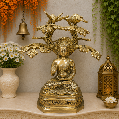 ब्रासोरा® वृंदावन वेणुगोपाल कृष्ण पीतल की प्रतिमा मोर के साथ | एंटीक नीला और सुनहरा रंग | ऊँचाई 20 इंच