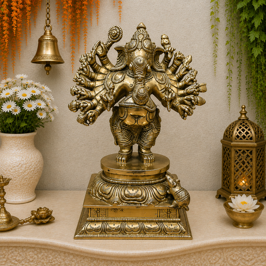 Brassaura® Dashabhuja Lord Ganesha Brass Idol | Premium Solid Brass 10-Armed Ganpati Murti | Handcrafted Antique Finish | Home Temple, Pooja Room & Spiritual Décor | Height 9 Inches | 2.8 Kg