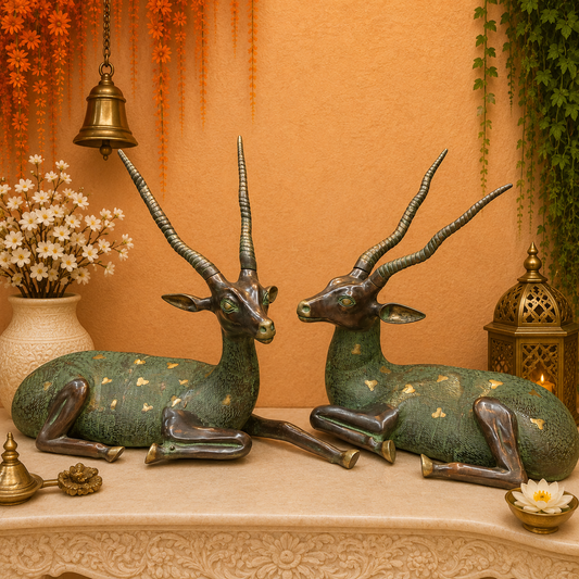 Brassaura® Pair of Brass Deer Sculptures | Handcrafted Antique Finish Deer Statue Set | Premium Brass Animal Figurines for Home Décor, Living Room & Office | Height 30 Inches | 50 Kg