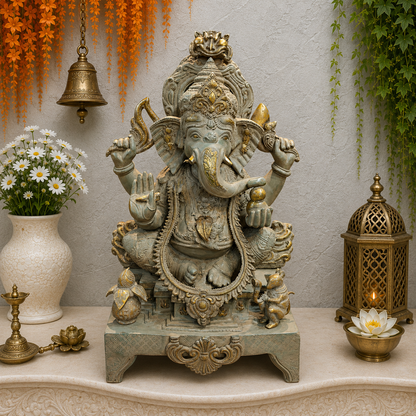 ब्रासोरा® वृंदावन वेणुगोपाल कृष्ण पीतल की प्रतिमा मोर के साथ | एंटीक नीला और सुनहरा रंग | ऊँचाई 20 इंच