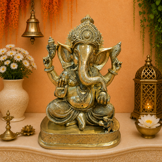 Brassaura® Lord Ganesha Brass Idol | Premium Solid Brass Ganpati Murti with Antique Finish | Handcrafted Hindu God Statue for Home Temple, Pooja Room & Spiritual Décor | Height 13.5 Inches | 11.1 Kg