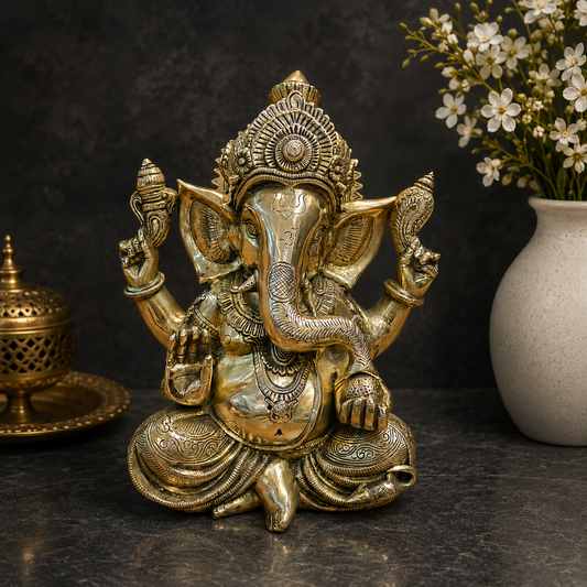Brassaura® Lord Ganesha Brass Idol | Premium Solid Brass Ganpati Murti with Antique Finish | Handcrafted Hindu God Statue for Home Temple, Pooja Room & Spiritual Décor | Height 12 Inches | 9.2 Kg