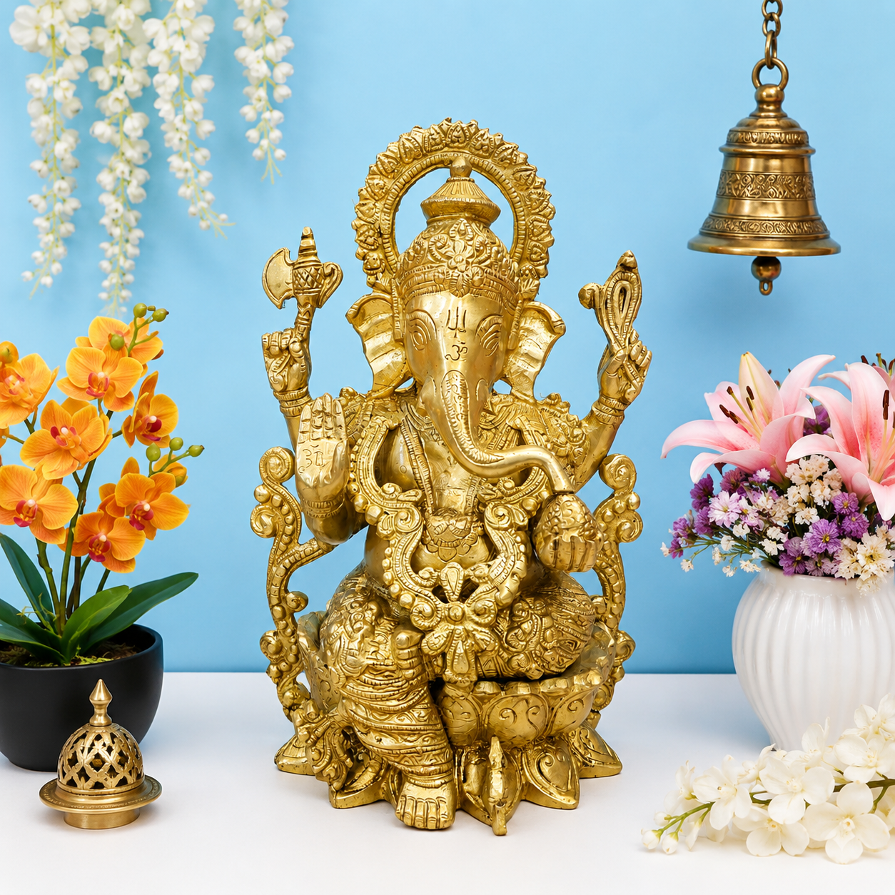 Brassaura® Lord Ganesha Brass Idol | Premium Solid Brass Ganpati Murti with Intricate Traditional Design | Handcrafted Hindu God Statue for Home Temple, Pooja Room & Spiritual Décor | Height 12.5 Inches | 7.5 Kg