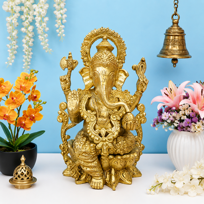 Brassaura® Lord Ganesha Brass Idol | Premium Solid Brass Ganpati Murti with Intricate Traditional Design | Handcrafted Hindu God Statue for Home Temple, Pooja Room & Spiritual Décor | Height 12.5 Inches | 7.5 Kg