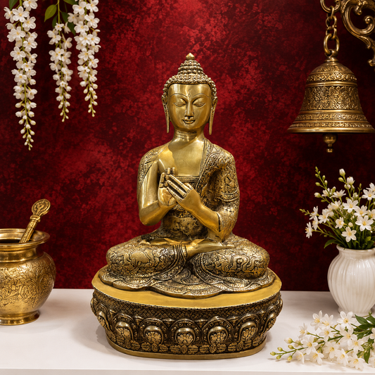 Brassaura® Meditating Buddha Brass Idol | Premium Solid Brass Buddha Statue in Namaste Pose | Handcrafted Spiritual Sculpture for Home, Office, Meditation & Living Room Décor | Height 23 Inches | 17 Kg