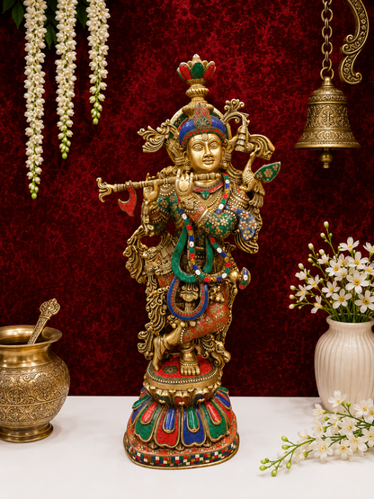 Brassaura® Lord Krishna with Peacock Brass Idol | Premium Handcrafted Multicolor Brass Murti | Decorative Krishna Statue for Home Temple, Pooja Room & Spiritual Décor | Height 36 Inches | 34 Kg