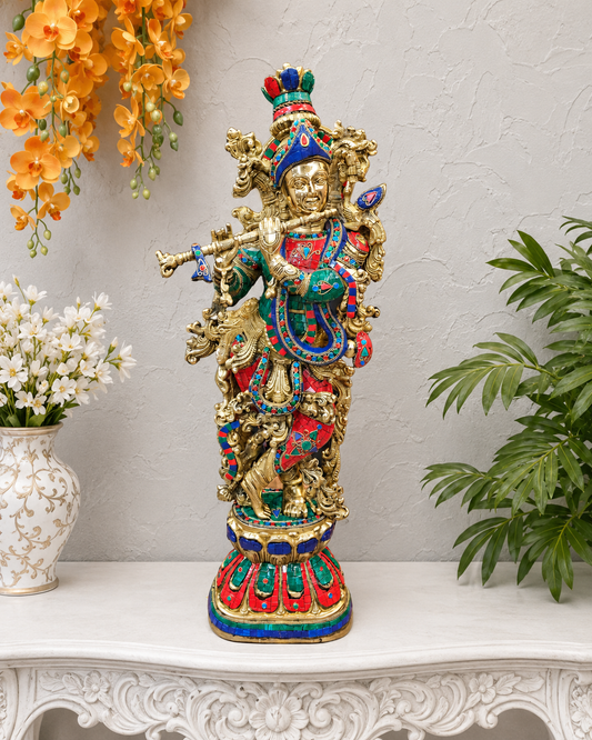 Brassaura® Lord Krishna Playing Flute Brass Idol | Premium Handcrafted Multicolor Brass Murti | Decorative Krishna Statue for Home Temple, Living Room & Spiritual Décor | Height 29 Inches | 16 Kg