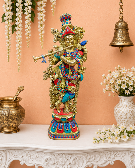 Brassaura® Lord Krishna Playing Flute Brass Idol | Premium Handcrafted Multicolor Brass Murti | Decorative Krishna Statue for Home Temple, Living Room & Spiritual Décor | Height 29 Inches | 16 Kg