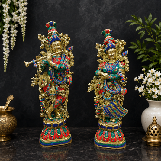 ब्रासोरा® वृंदावन वेणुगोपाल कृष्ण पीतल की प्रतिमा मोर के साथ | एंटीक नीला और सुनहरा रंग | ऊँचाई 20 इंच