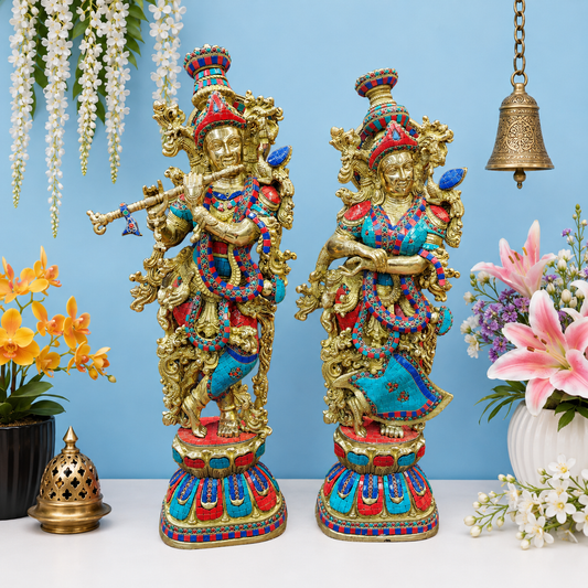 ब्रासोरा® वृंदावन वेणुगोपाल कृष्ण पीतल की प्रतिमा मोर के साथ | एंटीक नीला और सुनहरा रंग | ऊँचाई 20 इंच
