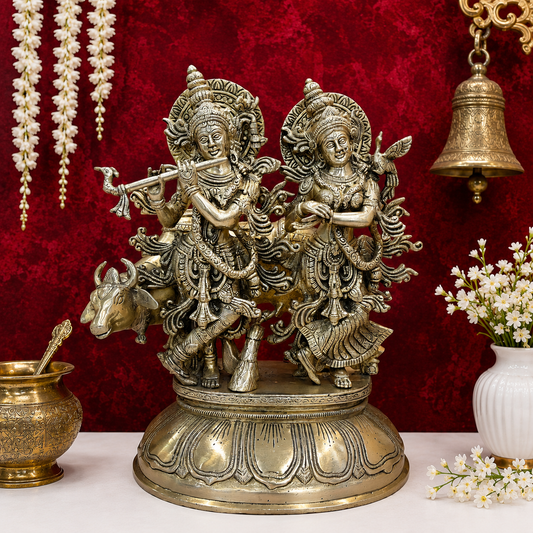 ब्रासोरा® वृंदावन वेणुगोपाल कृष्ण पीतल की प्रतिमा मोर के साथ | एंटीक नीला और सुनहरा रंग | ऊँचाई 20 इंच