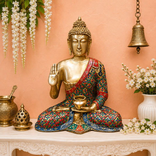 ब्रासोरा® वृंदावन वेणुगोपाल कृष्ण पीतल की प्रतिमा मोर के साथ | एंटीक नीला और सुनहरा रंग | ऊँचाई 20 इंच