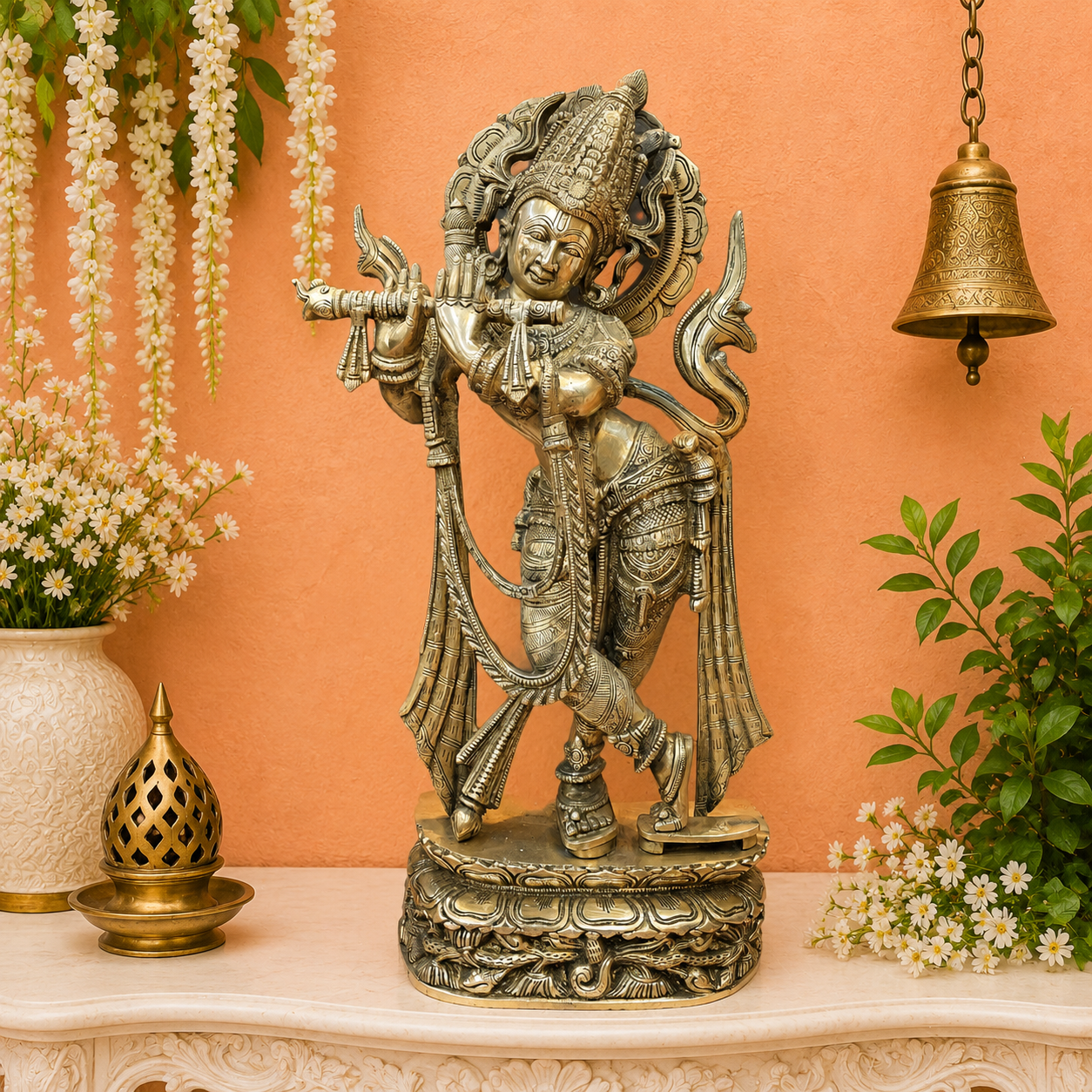 Brassaura® Brass Lord Krishna Idol | Handcrafted Muralidhara Krishna Playing Flute Statue | Premium Brass Home Temple, Living Room & Spiritual Décor | Height 23 Inches | 11.3 Kg