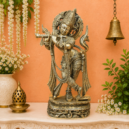 Brassaura® Brass Lord Krishna Idol | Handcrafted Muralidhara Krishna Playing Flute Statue | Premium Brass Home Temple, Living Room & Spiritual Décor | Height 23 Inches | 11.3 Kg