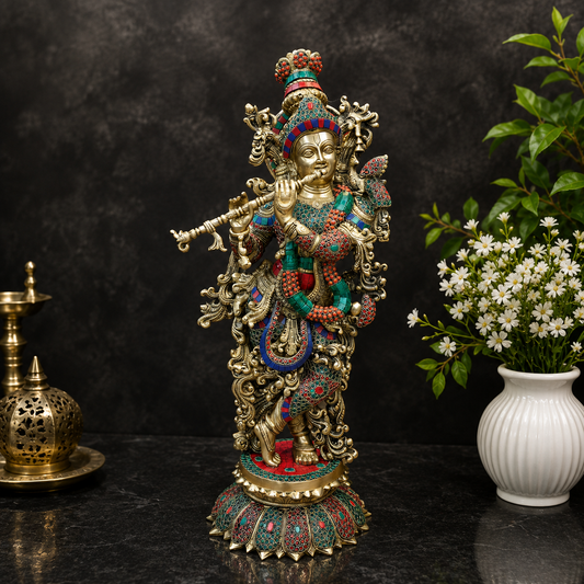 Brassaura® Brass Lord Krishna Idol | Handcrafted Muralidhara Krishna Playing Flute Statue with Stone Work | Premium Home Temple, Living Room & Spiritual Décor | Height 27 Inches | 19 Kg